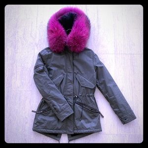 Sam. Devon Jacket in Military with Hot Pink Fur